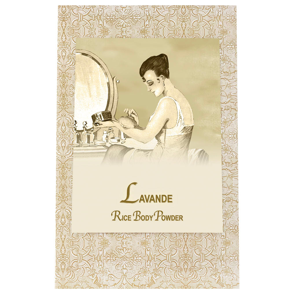 Vintage advertisement featuring an elegant woman sitting at a dressing table, applying La Bouquetiere Lavender Rice Body Powder from a lavish container, with a decorative frame and the brand name "La Bouquetiere Lavender Rice Body Powder.