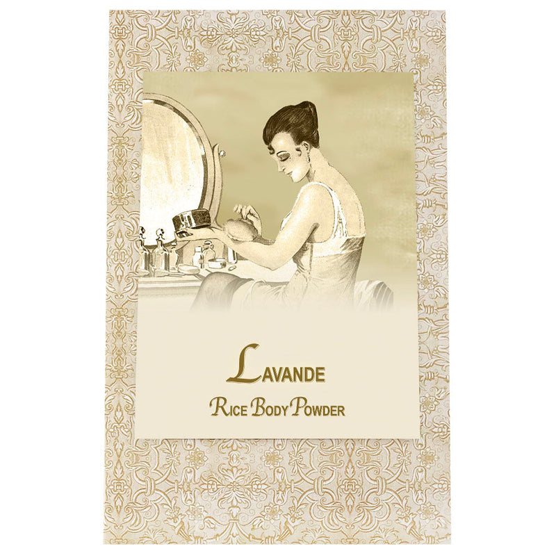 Vintage advertisement showing an elegant woman sitting at a dressing table, applying La Bouquetiere Lavender Rice Body Powder from a delicate container, with ornate patterns and the text "lavande rice body powder.