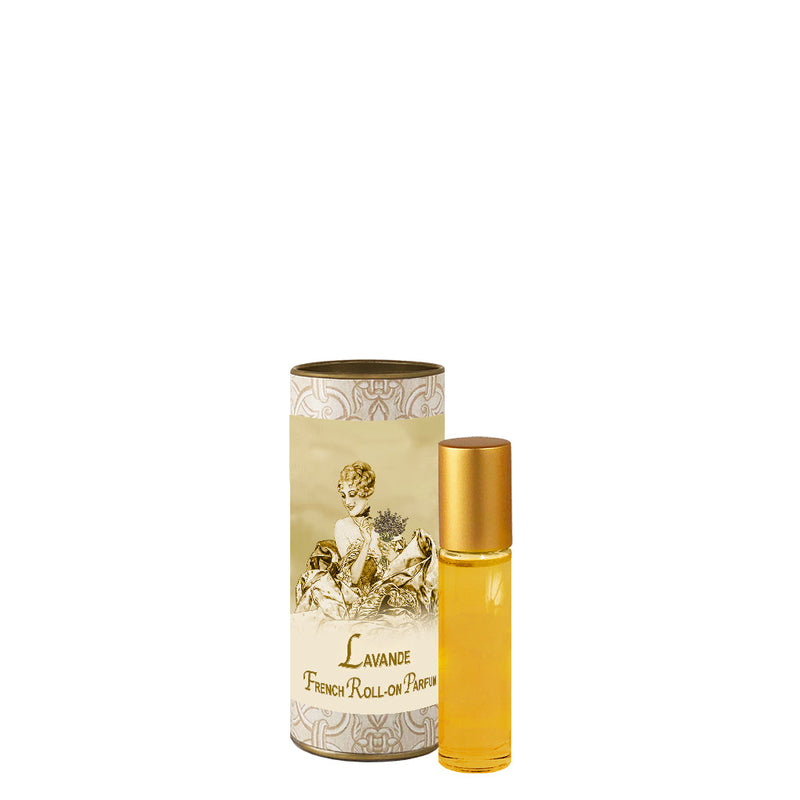 A La Bouquetiere Lavender French Perfume Roll-On bottle with a golden cap next to its cylindrical package featuring vintage beige and gold designs with lavender illustrations of a classic fragrance.