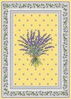 A decorative digital print Provence Tea Towel - Lavender & Olive Yellow Design by Mierco featuring a bouquet of lavender on a yellow background adorned with small floral motifs, framed by an intricate grey and white border.