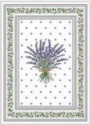 A framed Provence Tea Towel - Lavender Olive Ivory Design by Mierco, featuring a detailed depiction of lavender and olive design with green stems and purple flowers, set against a dotted gray background surrounded by a floral border.