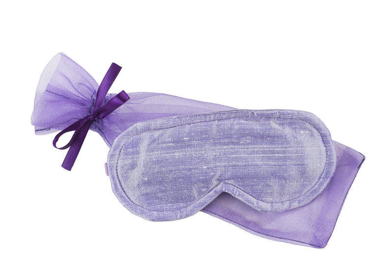 A Sonoma Lavender Sleep Mask - Lilac Silk Dupioni with a matching lilac drawstring pouch, isolated on a white background.