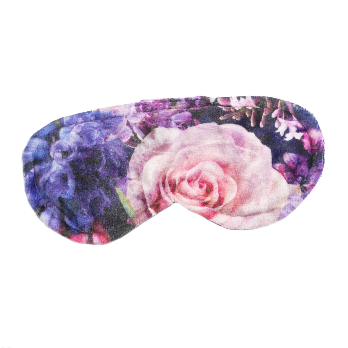 A Sonoma Lavender Sleep Mask - Peony Bouquet handmade in Sonoma County, featuring a prominent pink rose among shades of purple and teal flowers, isolated on a white background.