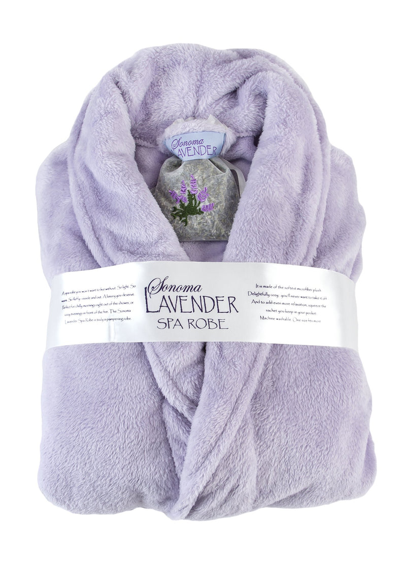 Folded lilac-colored Sonoma Lavender Ultra-luxe Robe with "luxurious lavender spa robe" label, and a detailed gray text band featuring lavender blossoms.