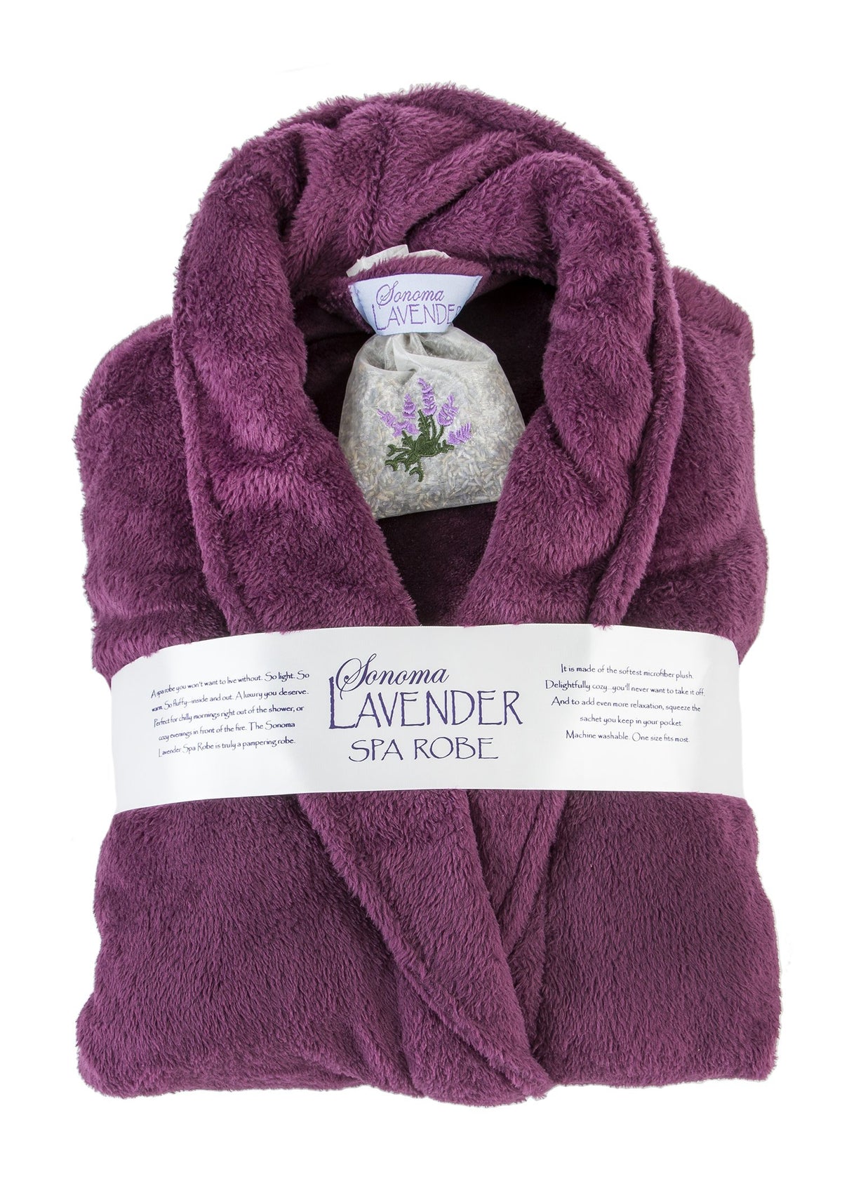 Purple luxuriously soft robe neatly folded with a white label around it reading "Sonoma Lavender Ultra-luxe Robe - Plum," and a logo of lavender flowers on the collar label.