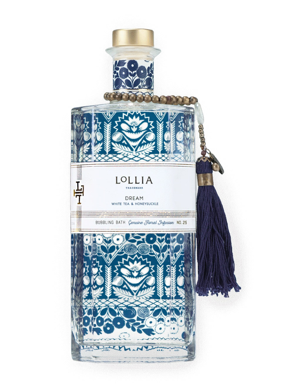 A decorative bottle of Margot Elena Lollia Dream Bubble Bath, featuring intricate blue and white floral patterns and adorned with a navy tassel.