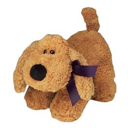 A plush toy dog with a golden-brown, textured body and a lavender ribbon around its neck, sitting against a white background - Sonoma Lavender "Lucky", the Lavender Dog by Sonoma Lavender
