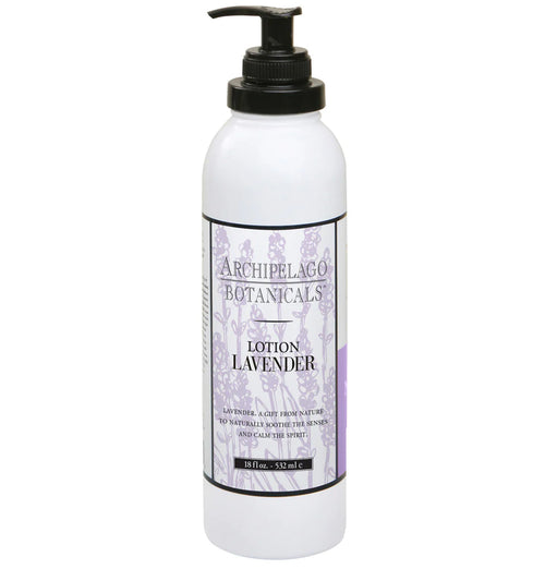 A bottle of Archipelago Botanicals Lavender 18 oz. Body Lotion with a pump dispenser. The label is purple and white, featuring lavender plant graphics.