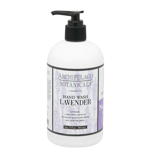 A pump bottle of Archipelago Botanicals Lavender 17 oz. Hand Wash with additional text describing its natural, paraben sulfate-free ingredients. The background is plain white.