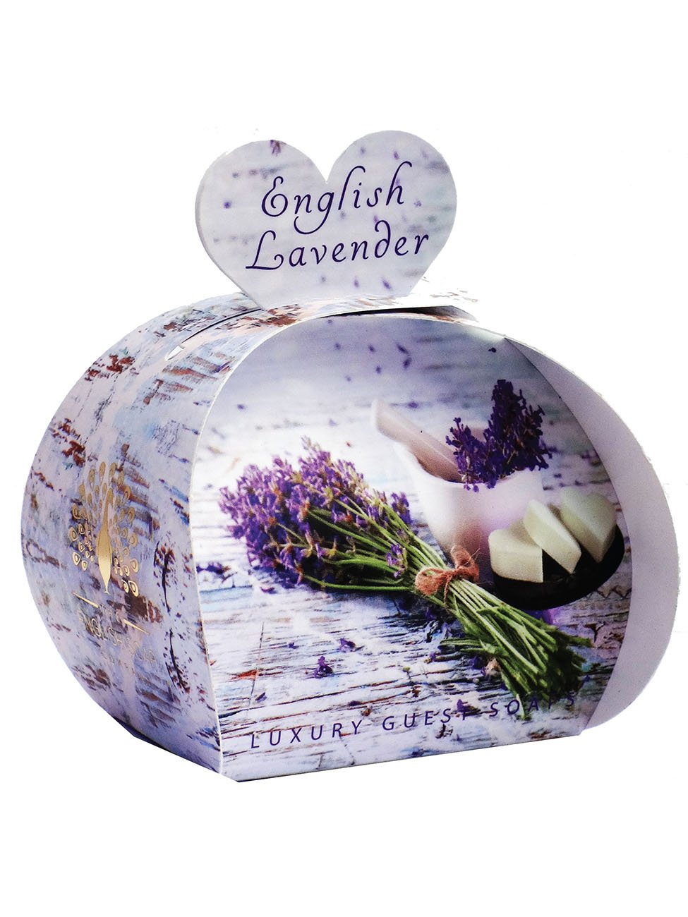 A decorative, oval-shaped box with a lavender theme, labeled "The English Soap Co. English Lavender Luxury Guest Soaps." The box is designed with images of purple lavender flowers and triple milled soap bars.