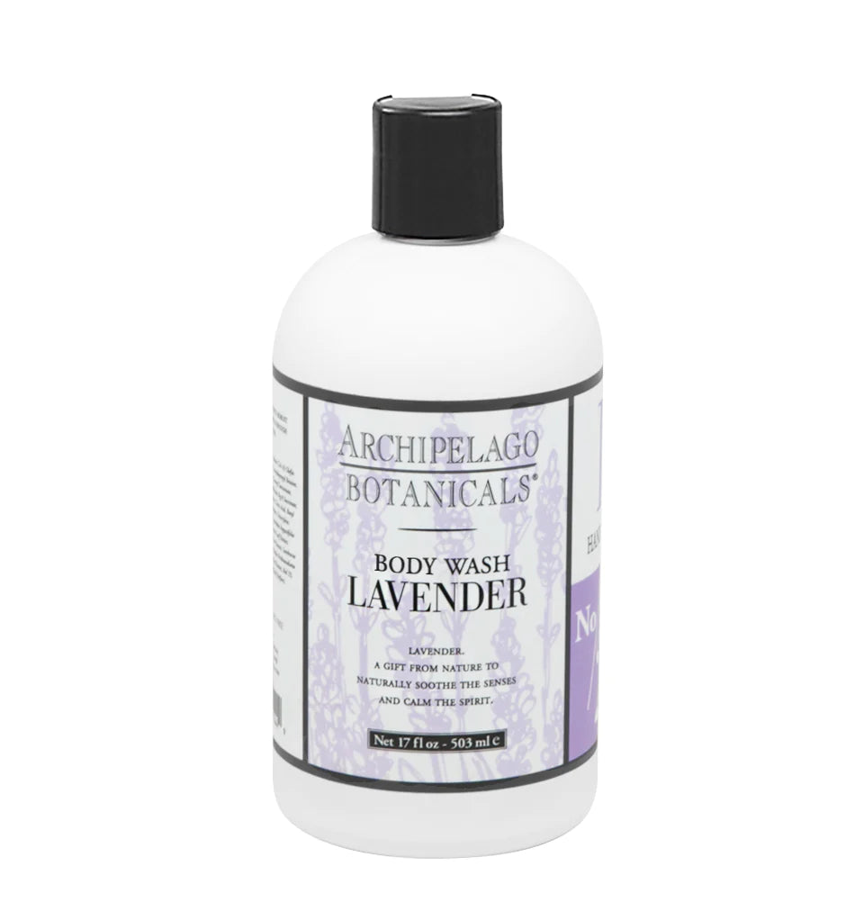 Sentence with the replaced product: A bottle of Archipelago Botanicals Lavender 17 oz. Body Wash, featuring a white and purple label. The bottle is capped with a black lid, is paraben & sulfate free, and holds 17 fluid.