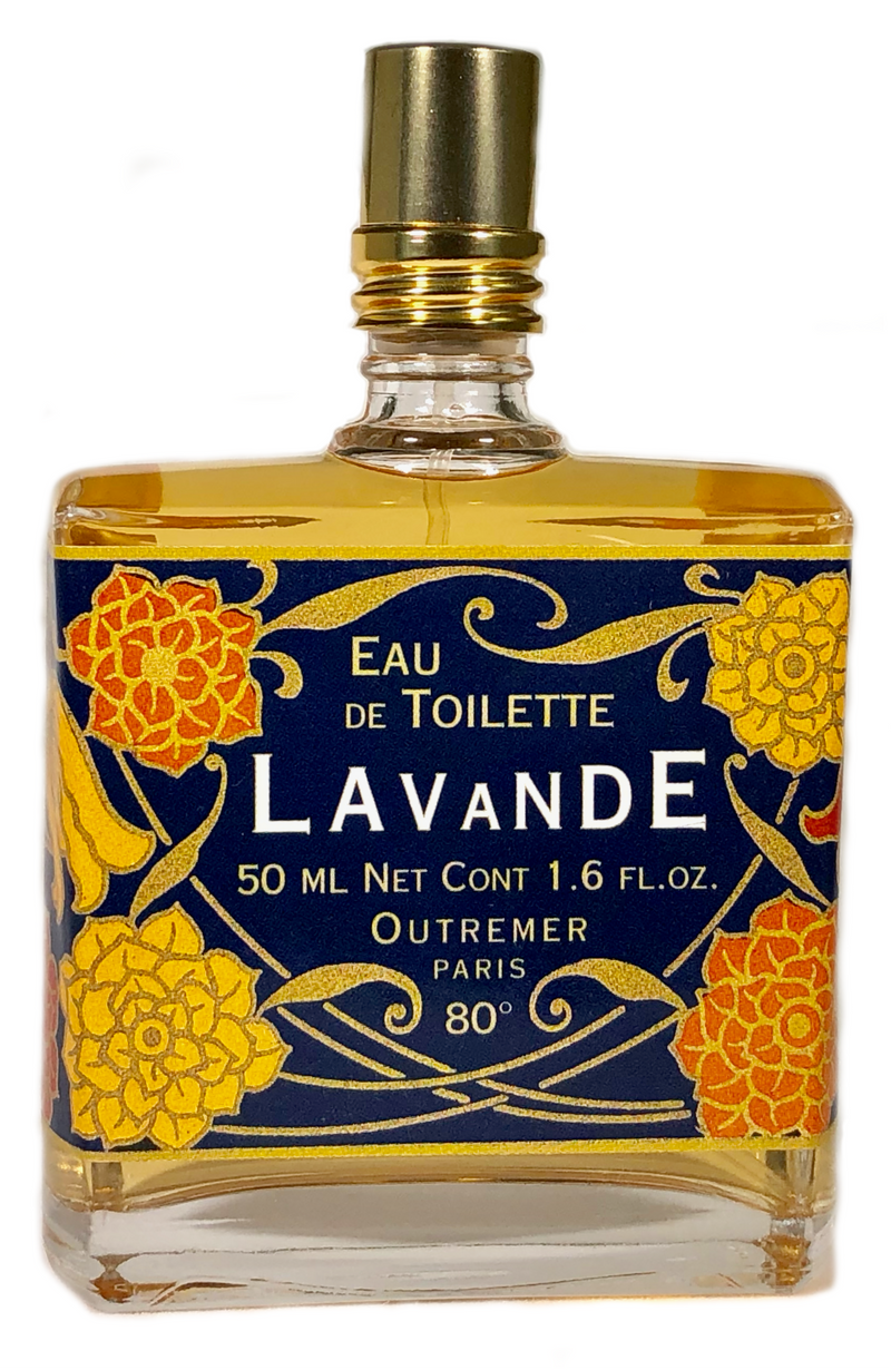 A rectangular bottle of "Outremer - L'Aromarine 50ml Eau de Toilette - Lavande" with a decorative yellow and blue floral label, stating "50ml perfume" and "Outremer Paris". The background is white.