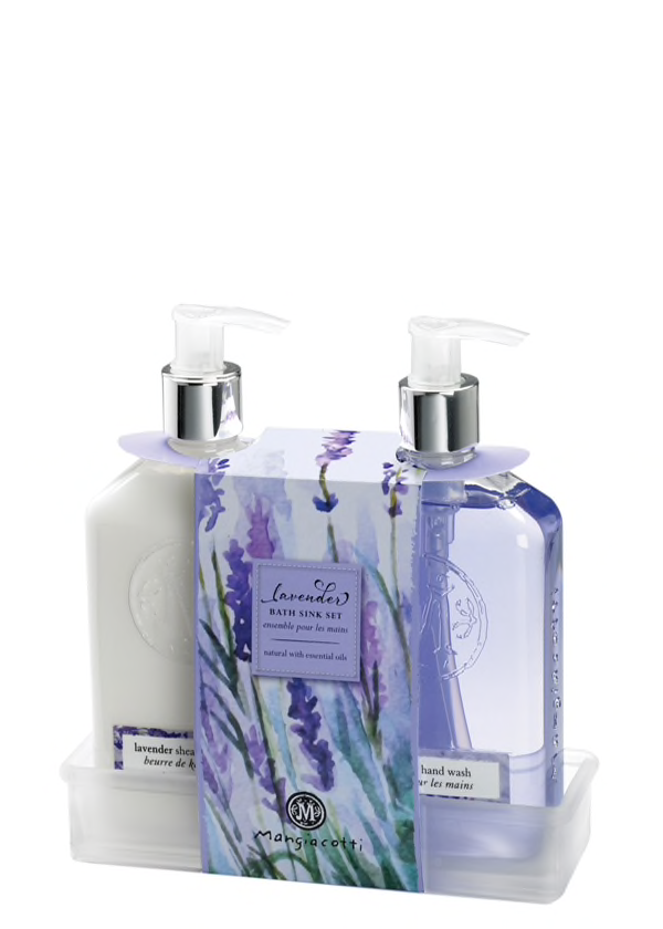 Two bottles of Mangiacotti Lavender Bath or Kitchen Sink Set in a ceramic holder with a matching lavender print box, presented as a bath set.