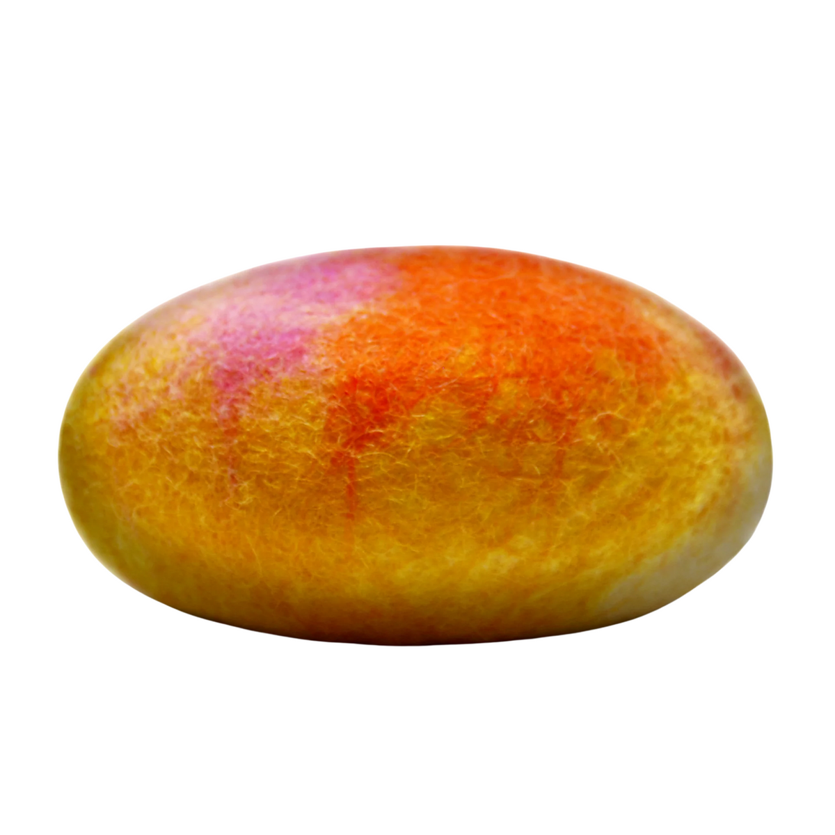 Close-up image of a Fiat Luxe - Classic Lemon Zest Felted Soap shaped like a single mango with a gradient of yellow, orange, and red colors, isolated on a white background.