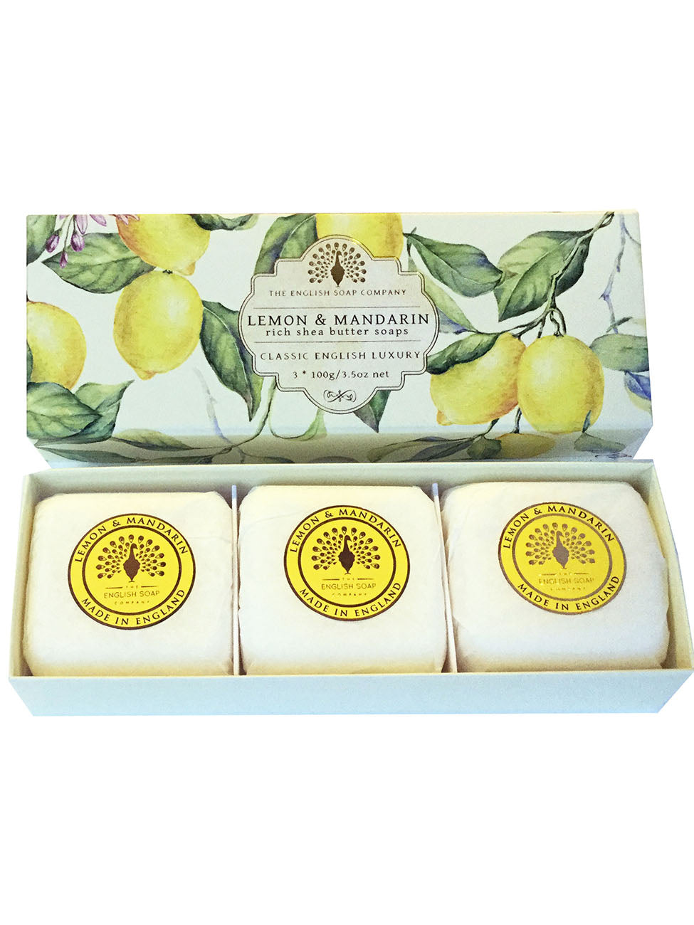 A box of The English Soap Co. Vintage Lemon & Mandarin scented hand soaps, featuring three round, yellow bars labeled 'cole & marten', inside a box with a painted lemon branch design.