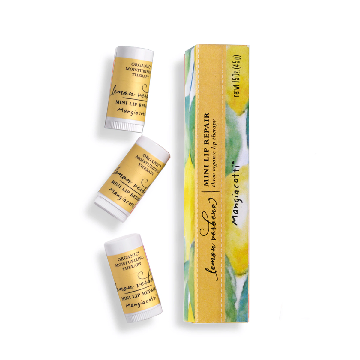 Three Mangiacotti Lemon Verbena Mini Lip Repair lip balms alongside their yellow and green watercolor patterned packaging box, all displayed against a white background.