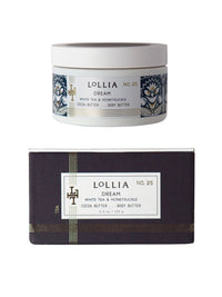 A decorative container of Margot Elena Lollia Dream Body Butter, above its corresponding black and gold packaging box.