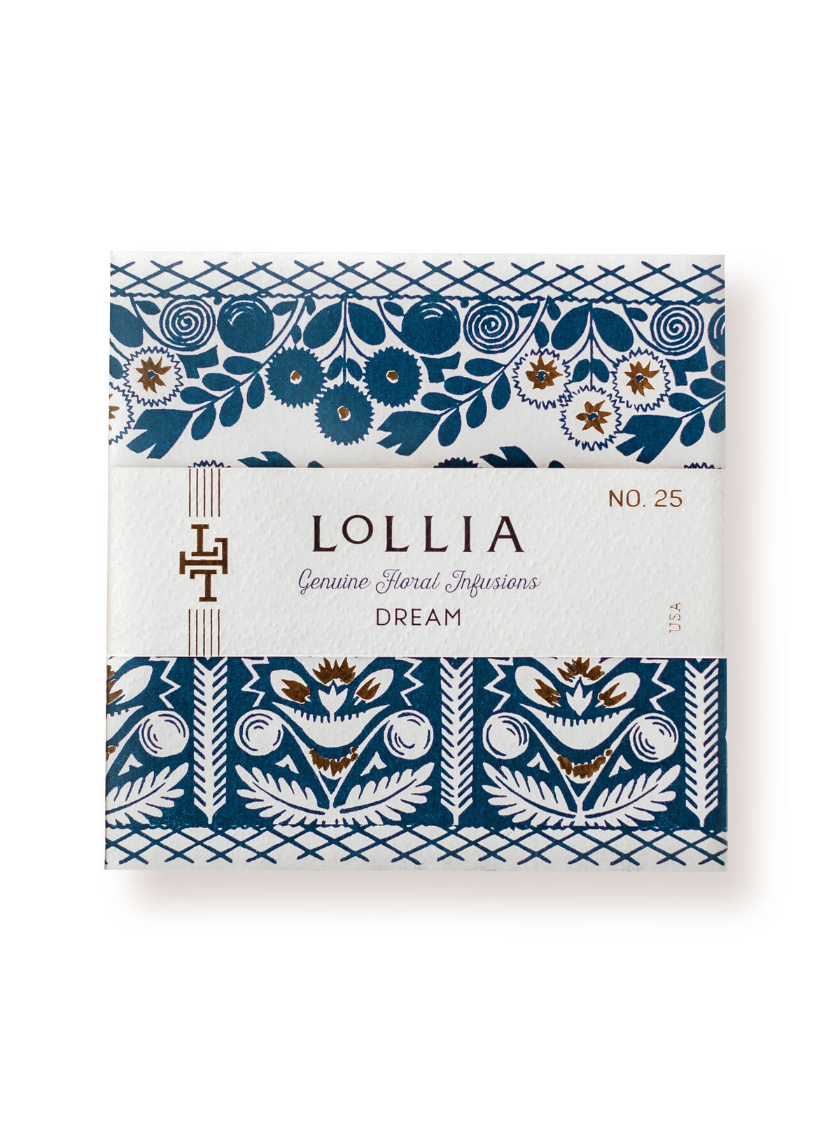 An elegant Lollia Dream Body Butter package featuring a floral design in blue and white tones with the brand name "Margot Elena" and the phrase "genuine White Tea & Honeysuckle infusions." The label