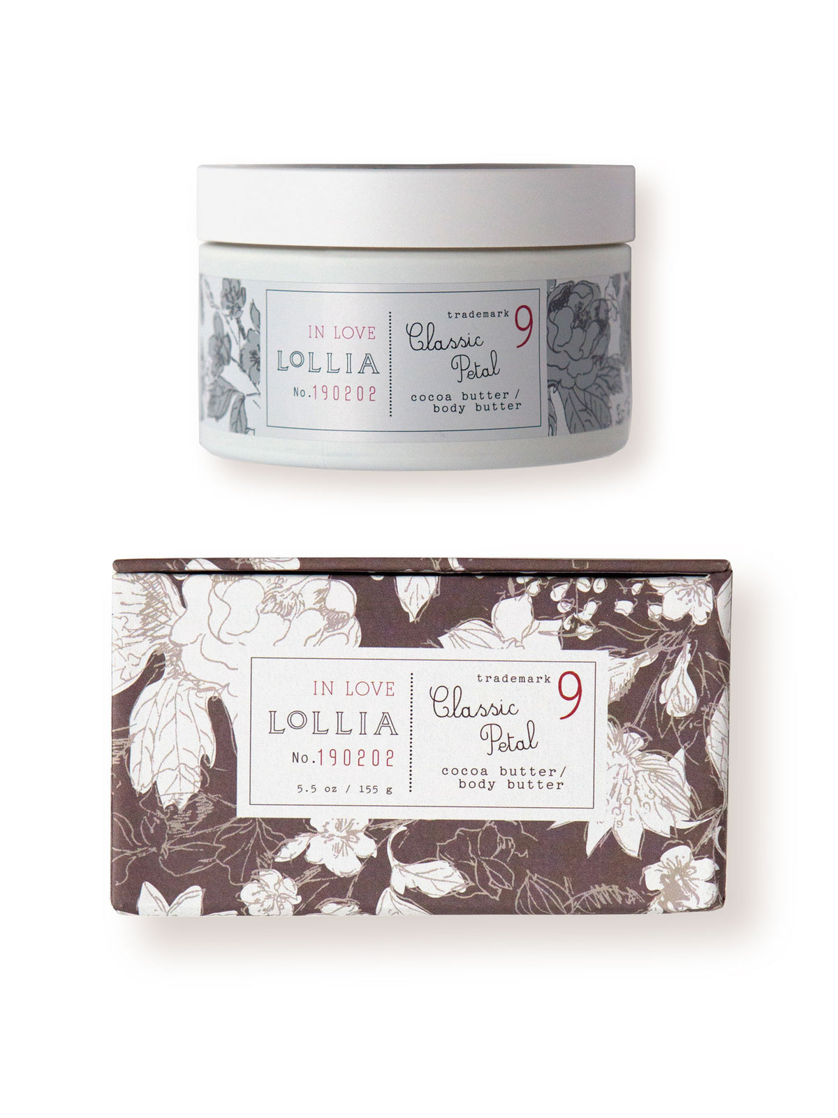A container and a rectangular box of Margot Elena's Lollia In Love Body Butter with "classic petal" scent. The packaging features a floral design in shades of white and grey.