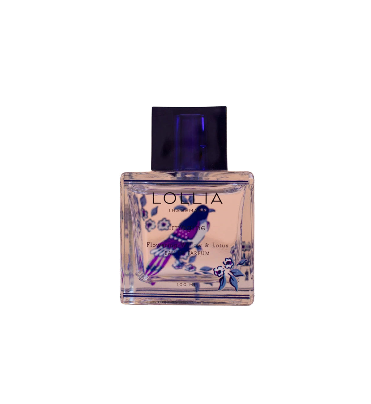 A square perfume bottle labeled "Lollia Imagine Eau de Parfum" by Margot Elena with a bird and rice flower design, containing a clear liquid, against a white background.