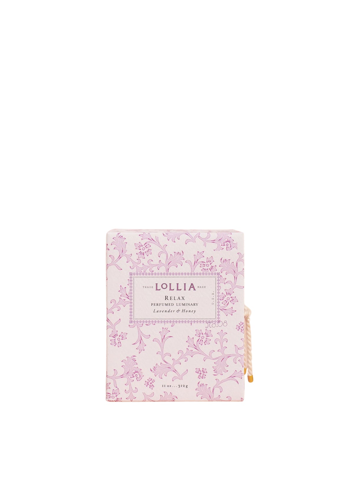 A pink book with floral patterns titled "Lollia Relax No. 08 Luminary Candle" featuring a calming lavender & honey scent, displayed on a plain white background by Margot Elena.