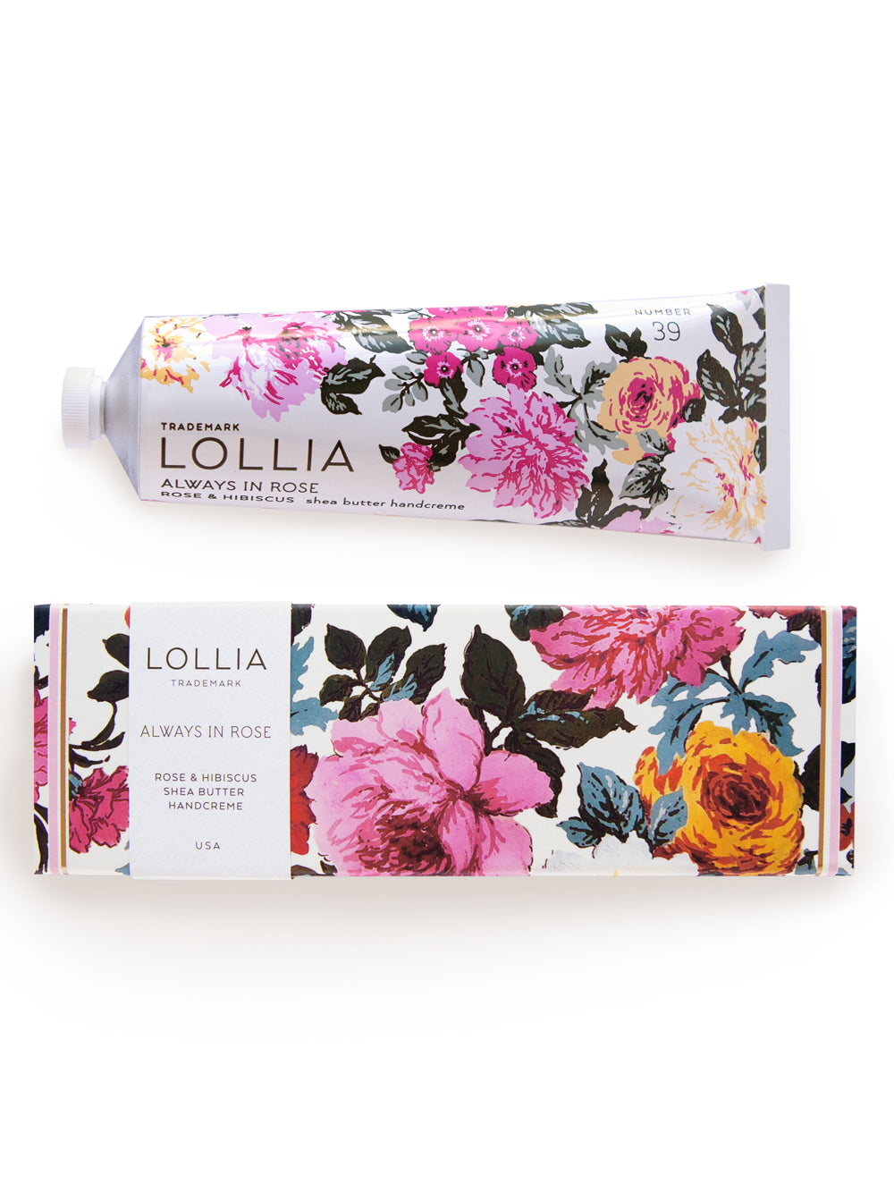 A tube of Margot Elena's Lollia Always in Rose Shea Butter Hand Cream with floral packaging, featuring pink and yellow roses on a white background. The design includes the text "Always in Rose" and "Rose Extract & Hibiscus".