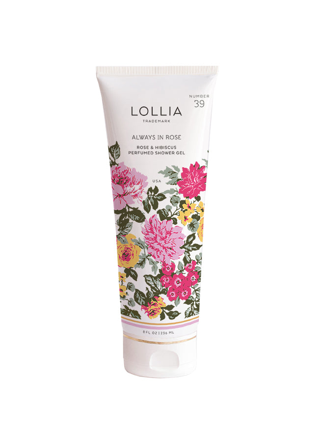 A tube of Margot Elena brand Lollia Always in Rose Perfumed Shower Gel featuring a floral design with pink, yellow, and green flowers on a white background, enriched with rose extract.