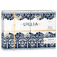 Decorative packaging for Margot Elena brand with floral patterns in blue, gold, and white, showcasing Lollia Dream Travel Gift Set, marked with 'no.