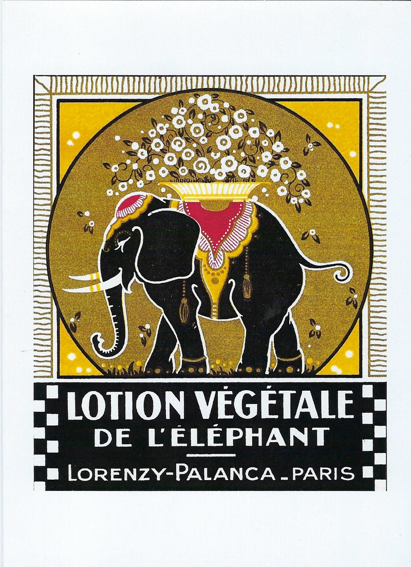 Vintage advertisement featuring a stylized elephant with a decorative blanket, surrounded by ornate floral patterns, under the text "All Occasion Greeting Card - Lotion Vegetale, Greeting Cards.
