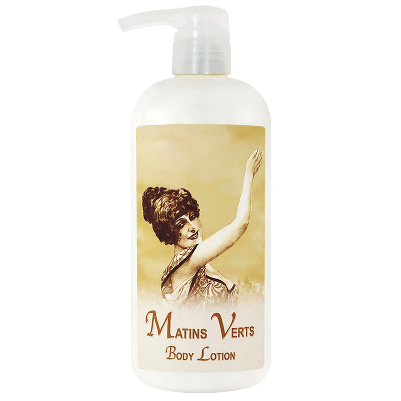 A vintage-style La Bouquetiere Matins Vert Body Lotion bottle featuring an illustration of a woman with an upraised arm, in sepia tones, with a pump dispenser and enriched with shea butter.