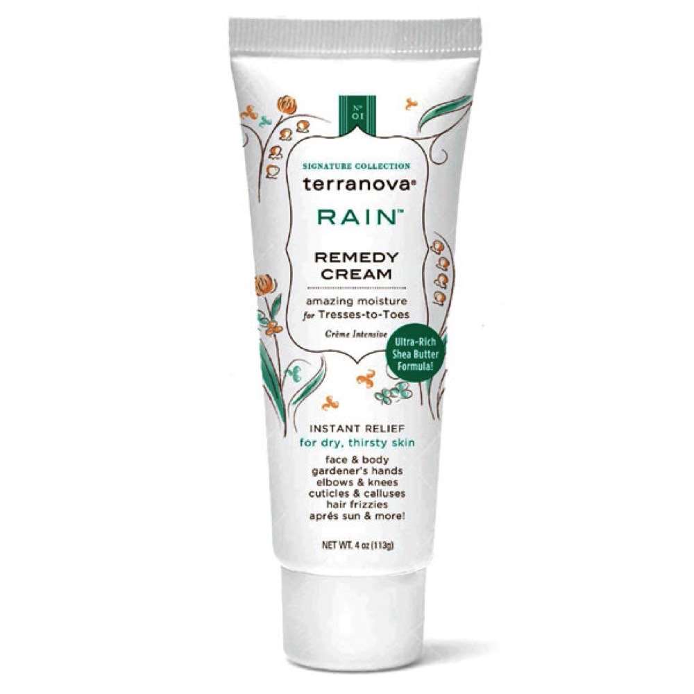 Replace with:
A tube of Terra Nova Rain Remedy Cream Amazing Moisture For Tresses-To-Toes, highlighted for ultra-rich moisture from 'tresses to toes', featuring shea butter, suitable for dry skin relief.