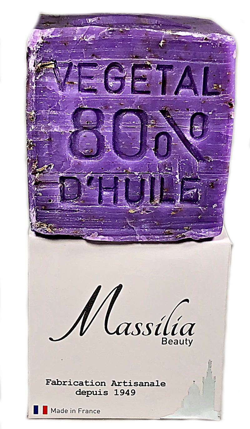 A bar of purple soap labeled "Massalia Cube Soap - Lavender Exfoliating" on top and "Made in Provence" on