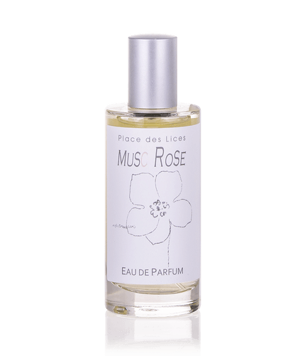 Clear glass Place des Lices Musc Rose eau de parfum bottle with a simple floral sketch, against a light gray background.