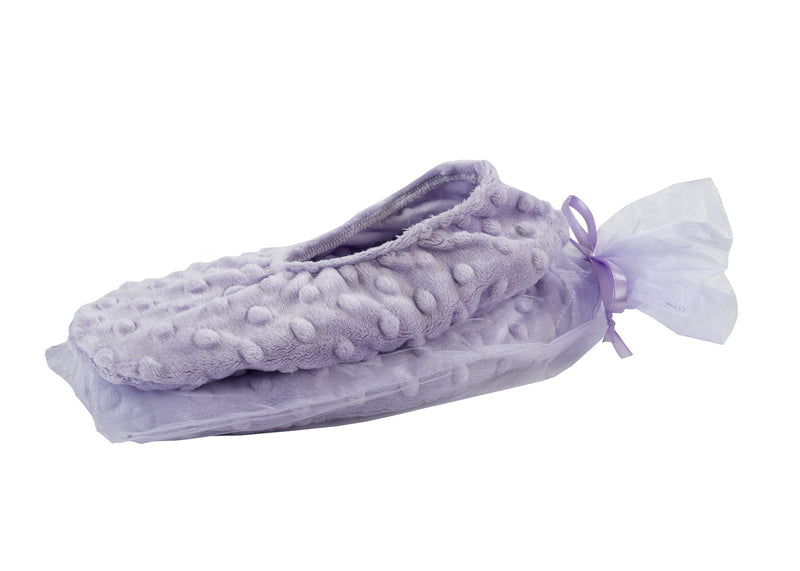 A pale purple, plush slipper with a dotted texture, wrapped in delicate, transparent purple tulle and tied with a satin bow, featuring lavender flaxseed inserts, isolated on a white background. 
Sonoma Lavender - Lavender Dot Heated Footies