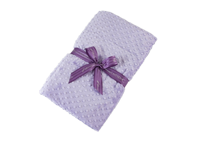 A Sonoma Lavender Lavender Dot Spa Blankie with a textured dot pattern, neatly folded and tied with a satin ribbon and a bow, labeled "Sonoma Lavender" on a white background.