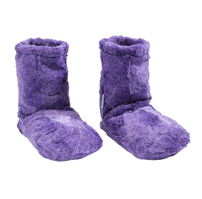 A pair of Sonoma Lavender Amethyst Luxe Spa Booties with a soft, furry texture, designed to look like boots, isolated on a white background.