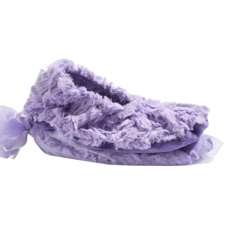 A pair of Sonoma Lavender Bellflower Rose Heated Footies wrapped in a delicate, translucent purple bag against a white background, infused with lavender flaxseed inserts.