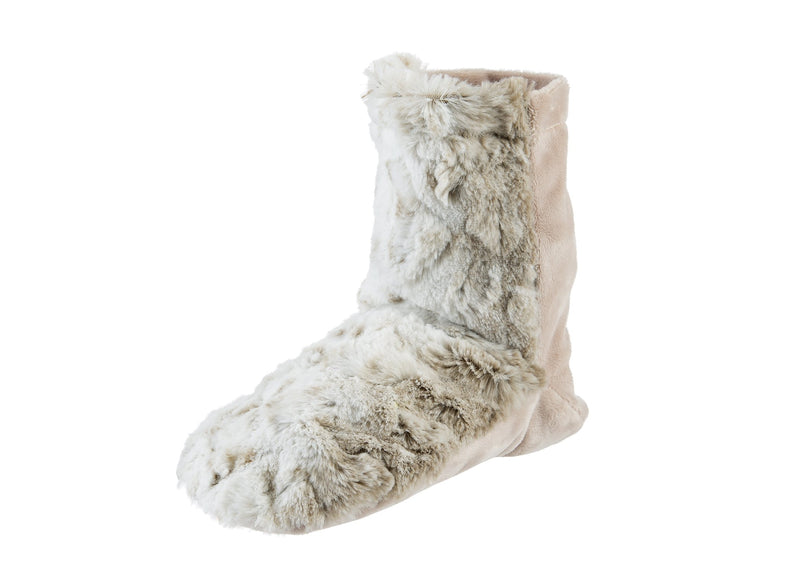 A plush, furry Sonoma Lavender Arctic Circle Heated  Spa Booties slipper in shades of gray and white, isolated on a white background.