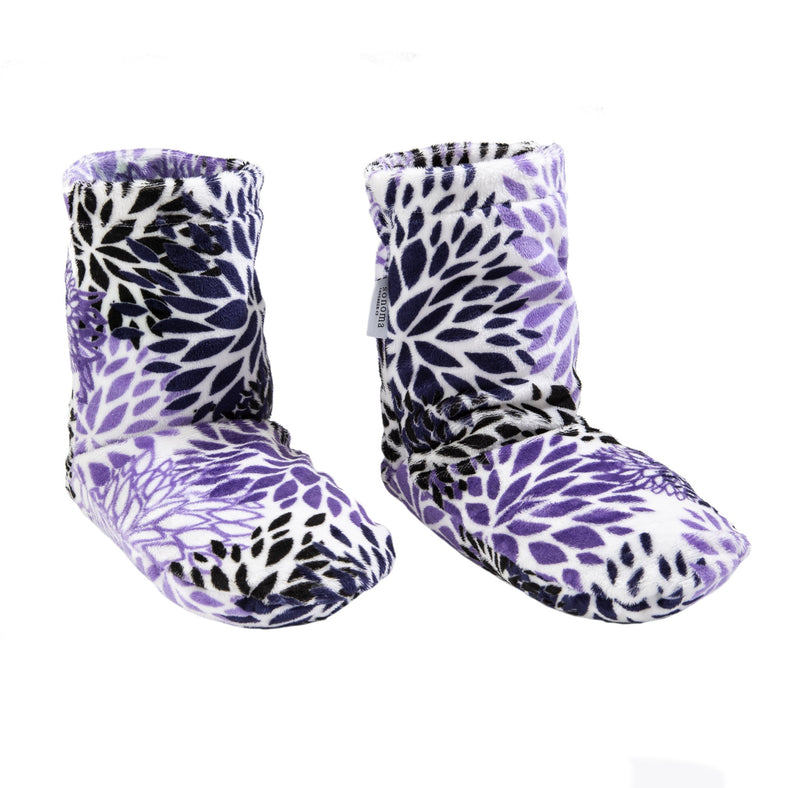 A pair of Sonoma Lavender Purple Bloom Spa Booties on a white background. The boots are soft and fluffy, designed to keep feet warm.