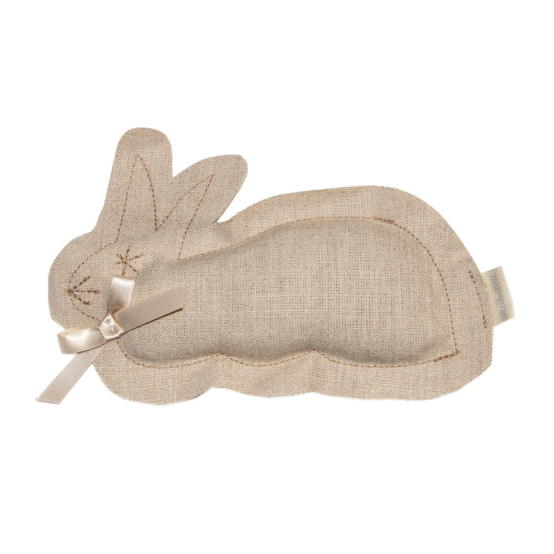 A elizabeth W Lavender Bunny Sachet - Natural sleep mask on a white background, featuring stitched eyes and nose, a decorative beige bow on the ear, and infused with herbal aroma.