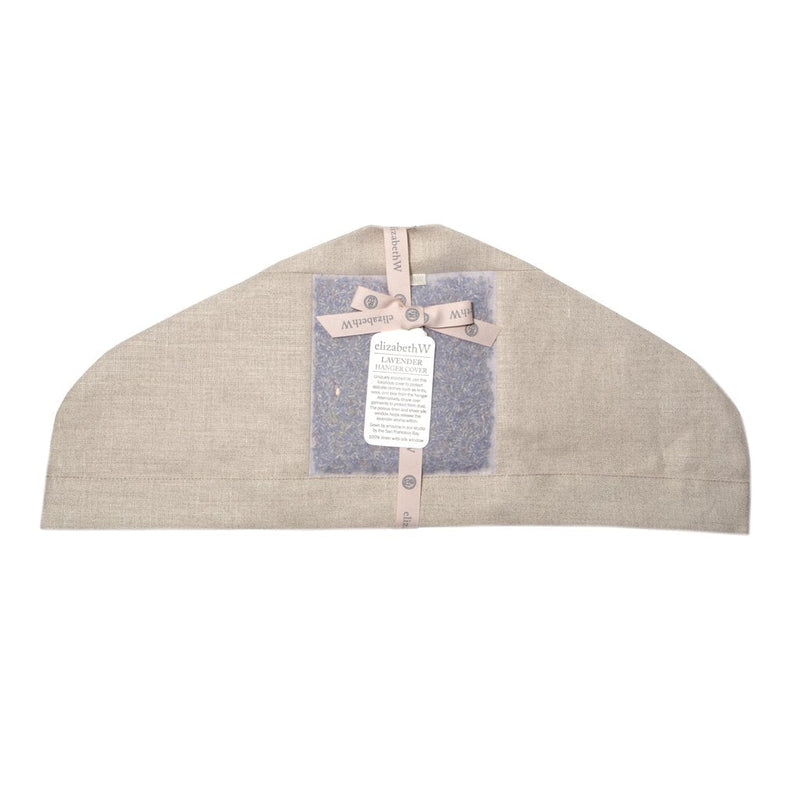 A beige, semi-circular elizabeth W Lavender Hanger Cover - Natural made of lavender filled linen, displayed flat. It has product information tags attached at the center, describing its eco-friendly attributes.