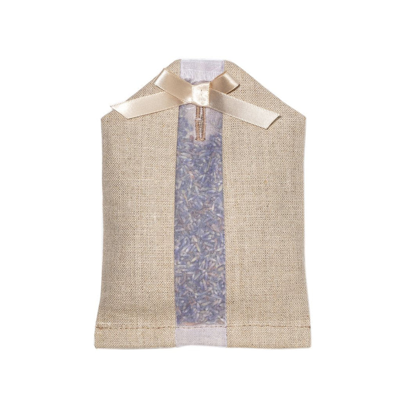 A elizabeth W Lavender Hanger Sachet made of burlap fabric with a cream ribbon, shaped like a shirt. It has a translucent center section filled with lavender, isolated on a white background.