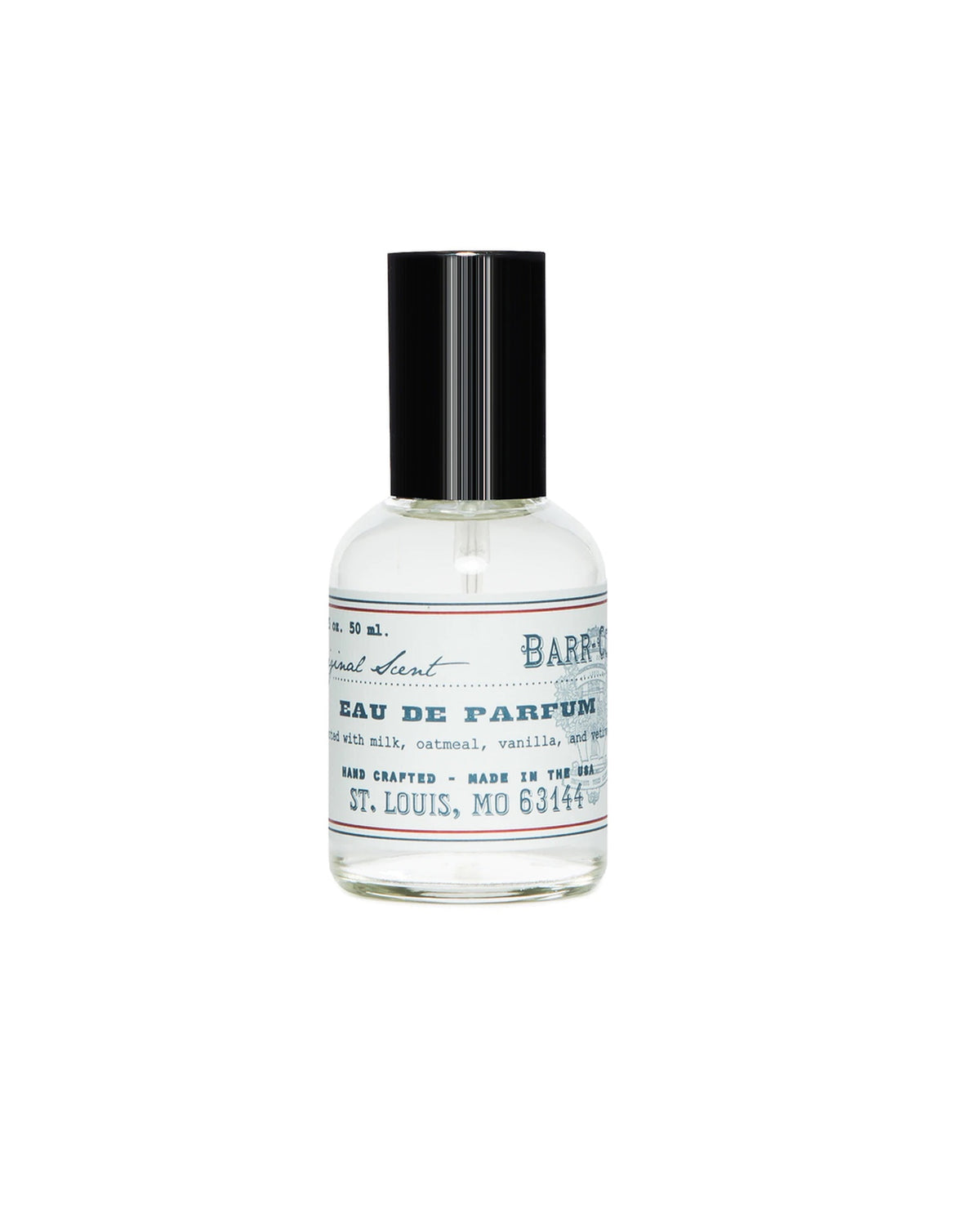 A clear glass bottle of Barr-Co. Original Scent Eau de Parfum with a black cap and labeled with scent components: musk, citrus, and vanilla. The text specifies it is made in St. Louis, MO.