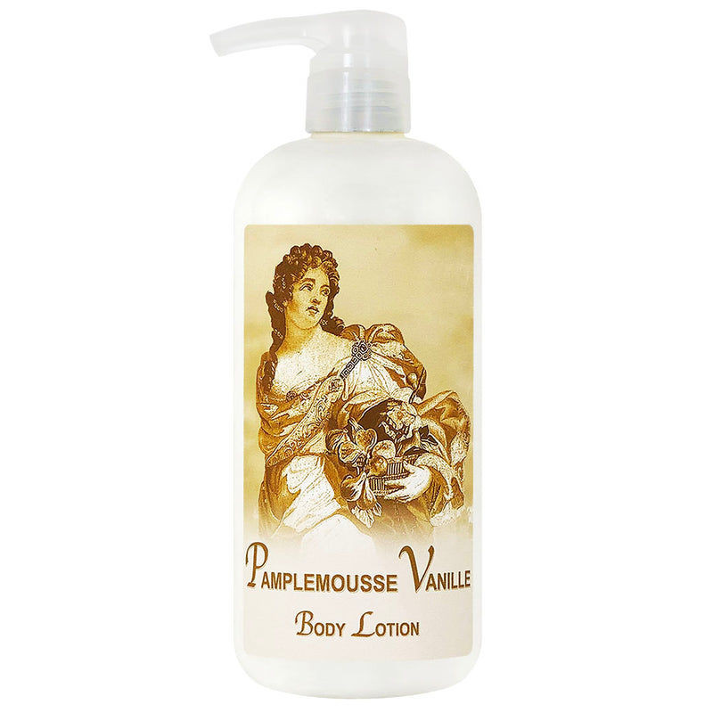 A bottle of La Bouquetiere Pamplemousse (Grapefruit) Vanille Body Lotion in a 17 oz plastic pump dispenser, featuring a vintage-style label with an illustration of a woman and flowers.