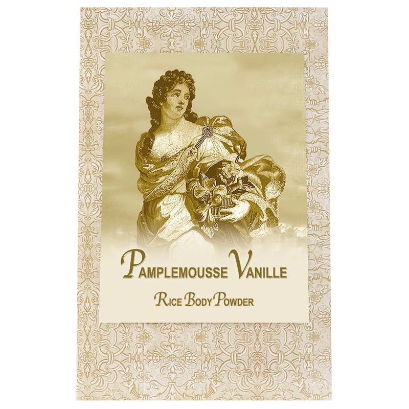 Vintage styled advertisement featuring an illustration of a woman holding a bouquet of flowers with text "La Bouquetiere Pamplemousse Vanille Rice Powder" on an ornate background, available in an 8oz refill.