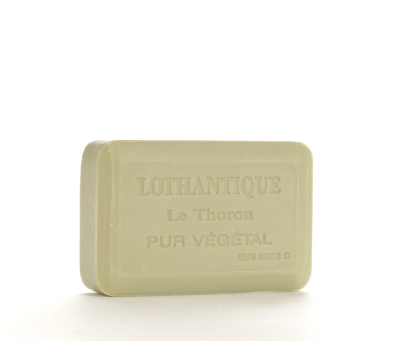 A bar of light green Lothantique Linden Soap 200gm labeled "Lothantique Le Thoron Pur Végétal" against a plain white background.