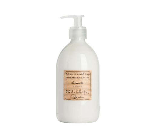 A Lothantique Lavender Hand & Body Lotion - 500ml pump bottle with a vintage-style label, isolated on a white background.