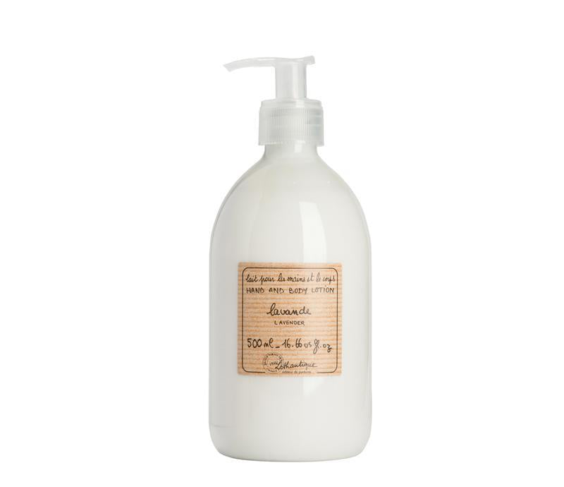 A white pump dispenser bottle labeled as "Lothantique Lavender Hand & Body Lotion, 500 ml" on a plain background.