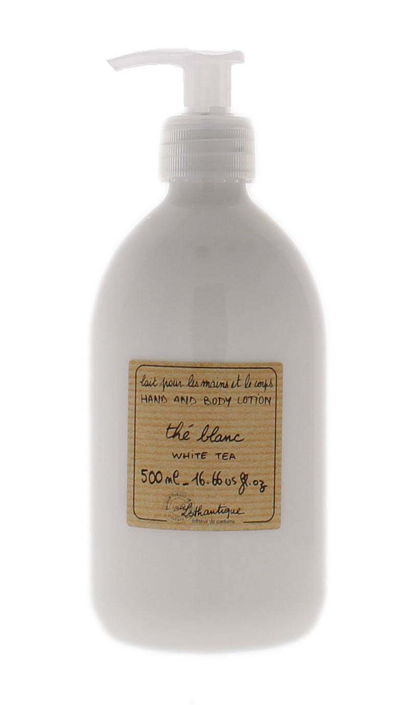 A pump bottle of Lothantique White Tea fragrance hand and body lotion on a white background, featuring a beige label with cursive and printed text.
