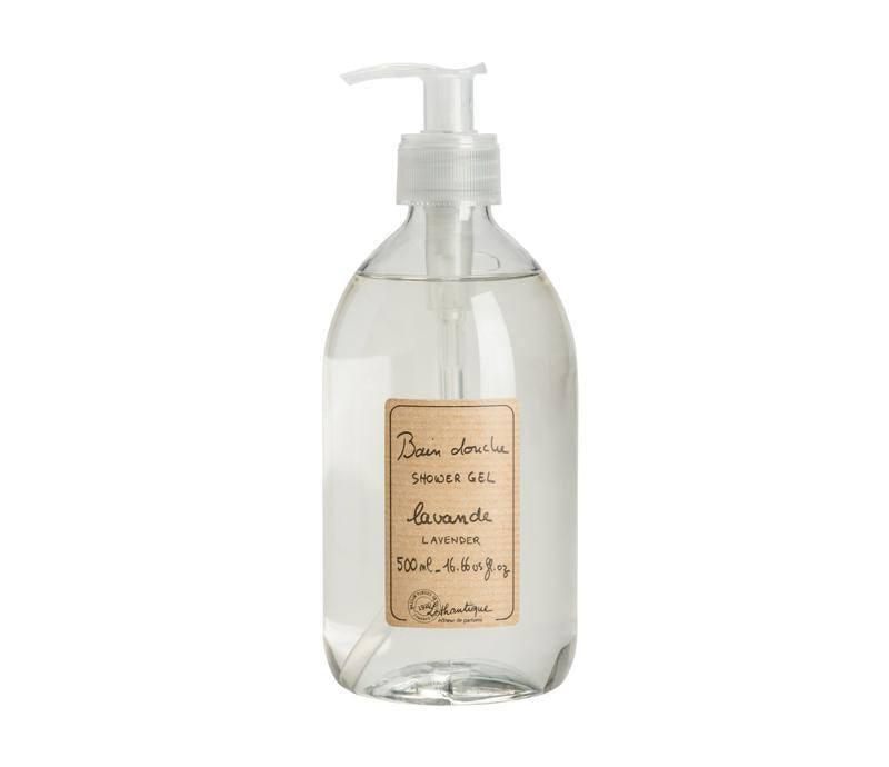 Clear plastic bottle of Lothantique Lavender Shower Gel - 500ml with a pump dispenser, labeled "bain douche shower gel lavender," on a white background.